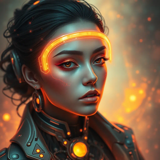 surreal portrait, illuminated hues, cybernetic elegance, ethereal atmosphere, intricate detail, futuristic attire, vibrant palette, soft gradients, digital paintbrush, expressionist undertones, neo-Renaissance influences, dynamic lighting, conceptual symbolism, multi-dimensional aesthetics, fantastical realism, advanced technology, spatial harmony, emotional resonance, imaginative creativity, bold contrasts, visionary composition, cyberculture fusion, avant-garde design