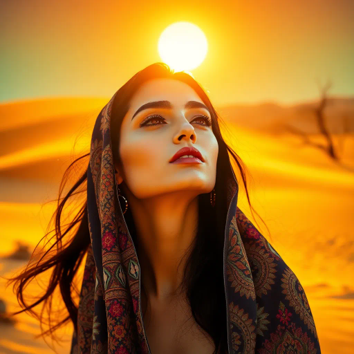 charismatic Arabian beauty, sensual mystique, desert elegance, minimalistic sultry design, vibrant colors, curvilinear shapes, evocative allure, oriental patterns, warm golden hues, shimmering textures, exotic grace, harmonious symmetry, playful yet tasteful, contemporary allure, intimate ambiance, timeless allure, seductive pose, lively movement, sun-kissed skin, alluring perspective, cultural richness, exquisite detail, sensual sophistication, fantasy-like aura