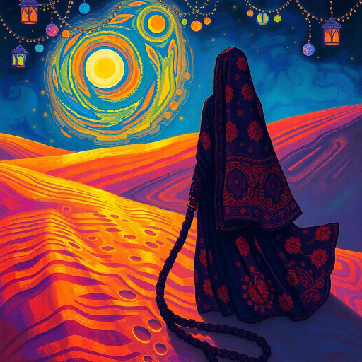 mysterious allure, arabian nights, Henri Matisse, surrealism, vivid dreams, enchanting sands, luminous glow, desert mystique, ancient beauty, opulent patterns, vibrant tapestry, flowing garments, sapphire waters, eastern elegance, intricate motifs, twilight hues, sultanic grace, ethereal charm, exotic ambiance, rich textures, cultural fusion, whimsical allure, transcendent beauty