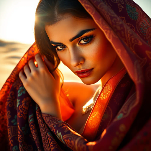 mysterious desert ambiance, sultry allure, arabian influence, exotic beauty, warm sunset glow, intricate patterns, delicate veils, rich golds and indigos, Henri Matisse inspiration, sensual curvature, dynamic movement, inspired by fiction and fantasy, opulent textures, fluid silks, contrast of light and shadow, intimate and bold, art nouveau elegance, sensual exploration, distant dunes, whispers of wind, cultural mystique, intricate henna designs, ethereal essence, graceful poise, visual poetry, emotive depth