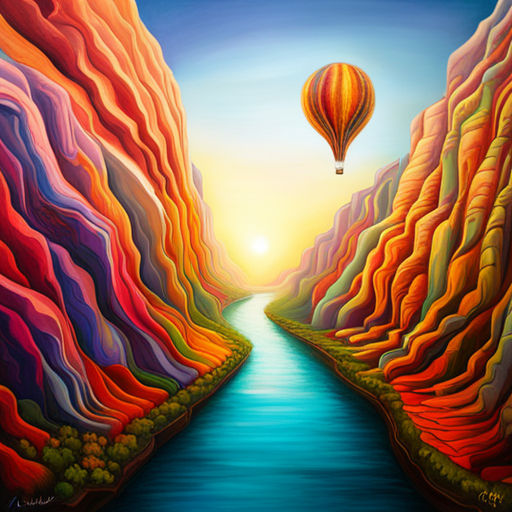 vibrant colors, large scale, dreamlike landscape, whimsical hot air balloon, surreal atmosphere, fantasy elements, imaginative composition, ethereal lighting, fantastical perspective, magical realism, floating sensation, colorful palette, otherworldly adventure