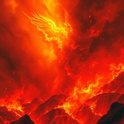 flickering flames, inferno, burning passion, scorching heat, smoke, ember, ashes, fireballs, magma, volcanic eruptions, fiery explosions, phoenix rising, igniting fury, fiery landscape, red and orange hues, burnt sienna, heat waves, smoke signals, blazing embers, molten lava, epic fantasy, mythical themes, Gustave Doré inspiration, dramatic lighting, ethereal glow, intense vibrancy, mythical allegory, apocalyptic vision, surreal elements, bold contrasts, fluid dynamics, emotional intensity, cinematic scale, elemental power, dynamic movement, vivid textures, atmospheric depth