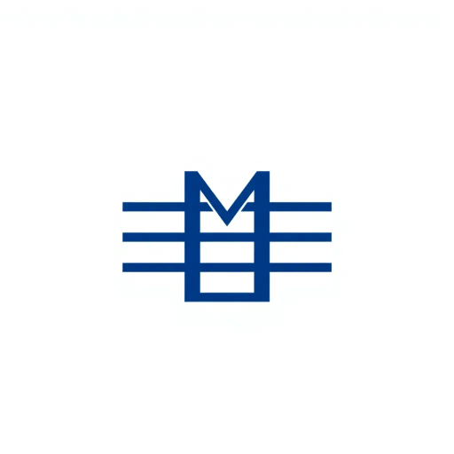abstract, minimalist logo, geometric letter M, thin horizontal lines, hierarchy, ladder rungs, solid indigo blue, crisp vector design, white background, modern typography, Bauhaus influence, clean composition, precise geometry, vector graphics, contemporary aesthetic, graphic design, minimalism, line weight variation, symbolic representation, structured layout
