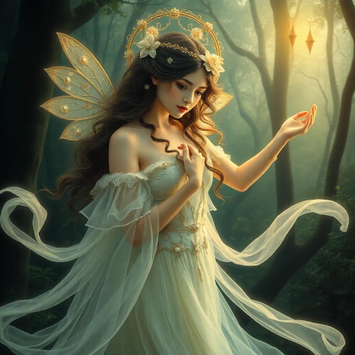 ethereal maiden, delicate features, reminiscent of Alphonse Mucha, flowing gowns, surreal ambiance, dreamlike setting, mystical forest backdrop, soft pastels, luminescent glow, intricate details, magical aura, gentle movement, Renaissance influences, serene expression, whimsical elements, rich textures, poetic essence, imaginary realm, lyrical beauty, Art Nouveau, enchanting elegance, serene grace, vivid imagination, fairy-tale charm