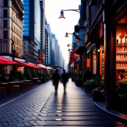 early-morning light, peaceful scenery, vibrant colors, urban landscapes, city streets, architectural elements, shadows and highlights, serenity, daily routines, sunlight filtering through trees, quaint cafes, bustling restaurants, people walking, evening ambiance, streetlights, cityscape, charming buildings