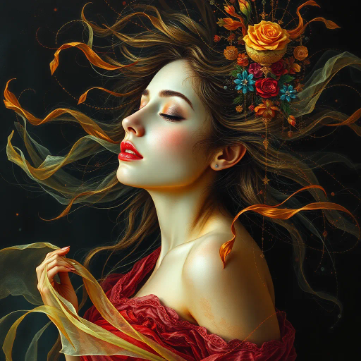 ethereal goddess, renaissance-inspired, chiaroscuro lighting, serene expression, surrealism, bold brushstrokes, celestial colors, flowing robes, delicate textures, vibrant jewel tones, intricate detailing, mystical aura, vaporwave influences, dreamlike atmosphere, novel perspective, modern reinterpretation, dynamic composition, timeless elegance, abstraction, metaphorical essence