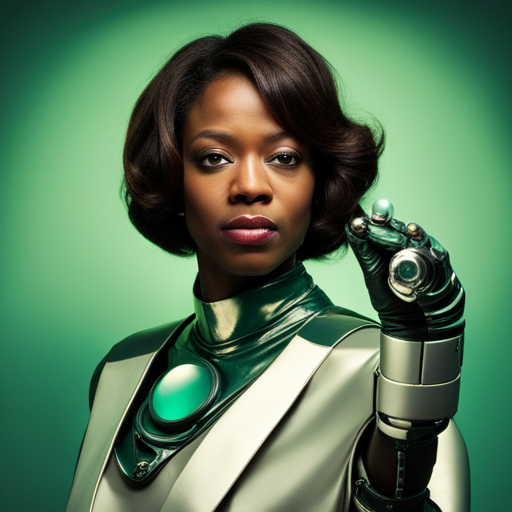 1970's, sci-fi, robot, portrait, studio light, emerald colored background