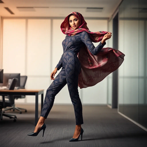 elegant Arab woman, professional attire, modern workplace, high heels, Middle Eastern influence, contemporary art style, intricate patterns, vibrant color palette, soft ambient lighting, cultural expression, dynamic posing, delicate textiles, confidence, empowerment, sophistication, grace, diverse cultural representation, cultural fusion, impressionism influences, human form depiction, balance and harmony, dynamic office environment, elegance, poise, detailed craftwork, modernism, cultural narrative, harmonious composition, vibrant textures