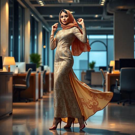 elegant Arab woman, contemporary fashion, hijab, professional attire, modern workplace, high heels, Middle Eastern influence, vibrant colors, soft ambient lighting, dynamic posing, cultural expression, delicate textiles, confident and empowering presence, sophisticated grace, diverse cultural representation, fusion of modern and traditional elements, cultural fusion, empowerment and poise, Impressionism influences, Gustav Klimt inspiration, Art Nouveau elegance, intricate patterns, intricate detailing, vibrant color palette, symbolic attire, office environment, balance and harmony, dynamic composition, surreal lighting, cultural narrative, refined textures, bold symbolism, artistic influences, multicultural dialogue, striking balance, expressive realism, innovative representation, unique fashion, delicate balance, harmonious color palette