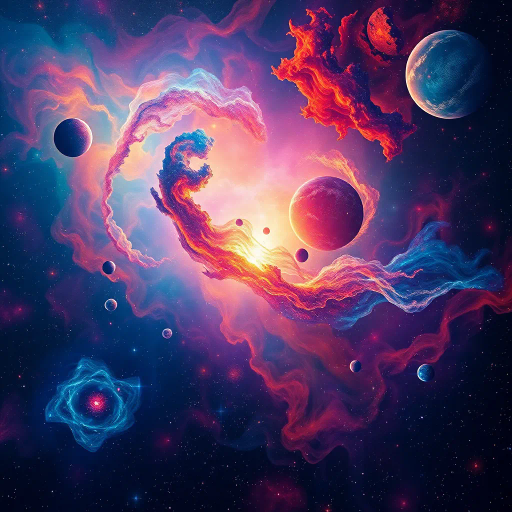 cosmic vistas, celestial landscapes, futuristic, vibrant nebulas, star clusters, vast galaxies, ethereal light, Hubble-inspired, vibrant color palettes, science fiction, surreal horizons, distant planets, cosmic dust, expansive space, swirling shapes, dynamic movement, deep space exploration, imaginative worlds, interstellar travel, otherworldly, surrealism, space-time continuum, vastness, galactic elegance, digital-art, abstract expressionism, Salvador Dalí, cosmic realism, luminescent aura, spectral light, astral phenomena, transcendent experience, cosmic symmetry, infinite expanse, universe tapestry, kaleidoscopic vision, outer dimensions, art cosmos, intergalactic serenity, time-bending realms, Einsteinian influences, cosmic intricacies