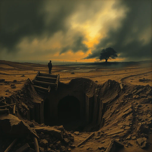 World War I, battlefield, shell hole, destruction, historical conflict, realism, Henri Rousseau, chiaroscuro lighting, somber mood, earth tones, dramatic perspective, craters, landscape, war-torn terrain, textured soil, immersive depth, metaphoric emptiness, poignant silence, layered composition, impressionist influences, reflective atmosphere, muted colors, raw textures, turbulent history, emotive impact, tension, ruins, nature reclaiming, symbolic void, desaturated hues, visual storytelling