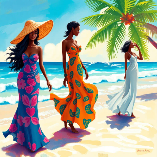 elegant figures, beach setting, vibrant colors, impressionistic style, inspired by Henri Matisse, flowing sands, tropical atmosphere, dynamic poses, radiant sunlight, azure waves, soft brush strokes, serenity, joy, cultural diversity, vibrant patterns, natural grace, warm hues, playful elegance, nuanced femininity, carefree spirit, summer ambiance, fluid lines, artistic freedom, idyllic scenery, radiant warmth, contemporary blend