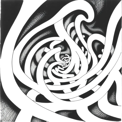 geometric shapes, intricate patterns, flowing lines, minimalist design, abstract expression, monochrome palette, dynamic movement, M.C. Escher influence, precise detailing, linear perspective, conceptual exploration, visual harmony, contour emphasis, spatial depth, contemporary influence, surreal geometry, optical illusion, mathematical artistry, avant-garde composition, abstract forms, pen and ink medium, black and white contrast, intersecting lines, detailed tessellation, fluid dynamics, rhythmic patterns, creative geometry, fine linework, subtle gradients, modern abstraction, artistic innovation, interlocking forms, infinite loops, Escherian landscapes, artistic paradox