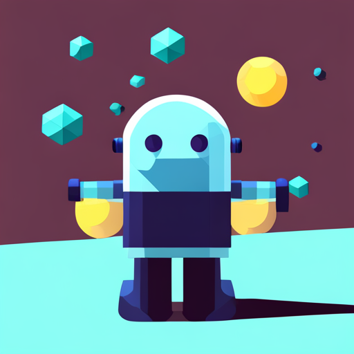 cute robot, low-poly, front-facing, rubber texture, whimsical fantasy, bright colors, mechanical parts, geometric shapes, childlike, toy-like, cute accessories