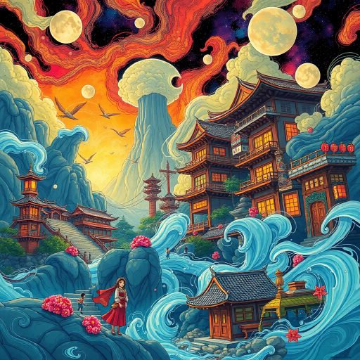 vibrant colors, dynamic composition, Studio Ghibli inspiration, detailed environments, expressive character designs, emotional depth, fantastical themes, cultural motifs, fluid motion, nostalgic atmosphere, distinctive line art, otherworldly settings, intricate detailing, magical realism, retro-futuristic elements, storytelling focus, character-driven narrative, visual storytelling, imaginative landscapes, enchanting creatures