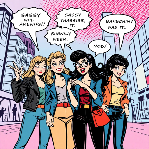 sassy characters, playful demeanor, expressive gestures, exaggerated expressions, vibrant colors, pop-art influence, dynamic composition, energetic lines, contemporary fashion, urban setting, whimsical mood, Roy Lichtenstein, speech bubbles, bold outlines, 1960s comic style, humorous tone, graphic art, American comic elements, expressive eyes, stylized features, youthful adventure, lively interaction, city backdrop, cultural nuances, lighthearted narrative, contrast between characters, bold typography, engaging story, visual storytelling, modern influences, vivid palette, urban youth culture, playful exaggeration, iconic style