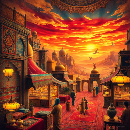 Arabian nights, mystical landscapes, intricate patterns, warm desert hues, golden sands, oasis reflections, rich jewel tones, minarets in moonlight, cultures of the Middle East, warmth and mystery, exotic silks, swirling calligraphy, star-studded skies, tales of Scheherazade, enchanted lamps, Bedouin tents, desert caravans, Lawrence of Arabia, vibrant bazaars, flowing robes, ancient cities, Moorish influences, Aladdin's adventures, visual storytelling, atmospheric depth, opulent textures, dreamlike setting