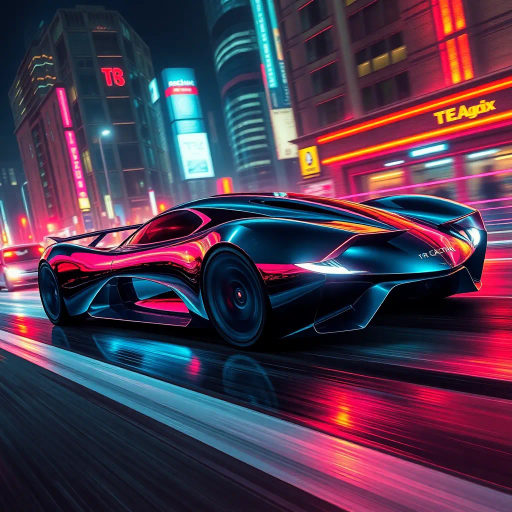futuristic car design, sleek lines, chrome finish, vibrant neon highlights, dramatic lighting, dynamic movement, aerodynamic shape, retro-futurism, precision engineering, urban environment, concept art, high-tech materials, hyper-realistic detailing, modern aesthetics, speed and agility, metallic textures, ambient atmosphere, avant-garde composition, illuminated cityscape, art deco influences