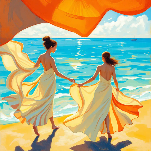 elegant figures, beach scene, vibrant sunlight, azure waters, flowing fabric, Henri Matisse, impressionism, contemporary allure, warm hues, dynamic composition, summer breeze, leisurely grace, chromatic harmony, tranquil ambiance, fluid lines, art deco influences, intimate scale, ethereal light, cultural richness, playful interaction, Mediterranean essence, soft brush strokes