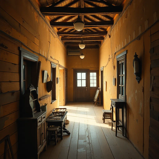 vintage architecture, rustic nostalgia, Impressionist influence, Edward Hopper, warm earth tones, chiaroscuro lighting, textured surfaces, soft brush strokes, emotional depth, historical ambiance, cozy atmosphere, mid-20th century aesthetic, weathered wood, intricate detail, melancholic mood, natural decay, timelessness, classic charm, storytelling through space, intimate setting, muted palette, artistic narrative, William Turner, artistic decay, atmospheric composition, serenity