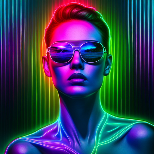 Glitch art, neon lights, cyberpunk dystopia, reflective surfaces, distorted reality, futuristic technology, augmented reality, digital lenses, metallic accents, edgy punk attitude