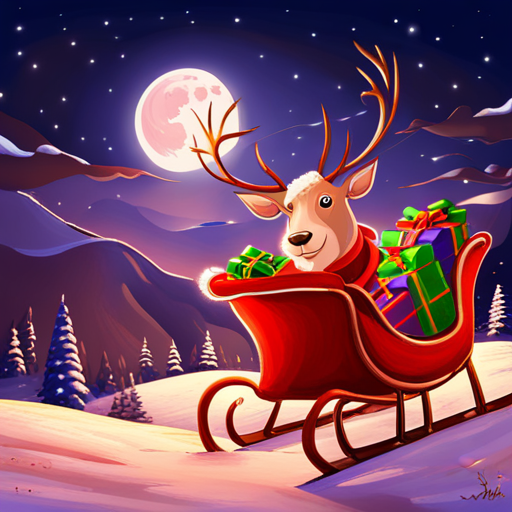 reindeer, santa, delivering presents, magical, winter wonderland, holiday season, flying, chimney, sleigh, snowflakes, twinkling lights, moonlit sky, joyful, festive, whimsical, enchanted, snowy landscape, starry night, jolly, gift-giving, sleigh bell, cozy, cheerful, mistletoe