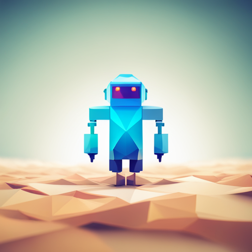 Front-facing robot with a cute and tiny design, characterized by geometric shapes and minimalist composition. The low-poly style enhances the simplicity of the design and is perfect for a digital-art piece. White background provides a clean and modern look.