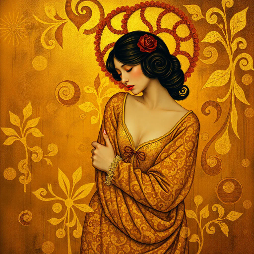 Gustav Klimt, sensual abstraction, Art Nouveau, golden hues, lush textures, intimate composition, romanticism, ethereal lighting, flowing forms, intricate patterns, expressive movement, atmospheric depth, dreamlike ambiance, surreal elements, opulent fabrics, delicate nuances, natural elegance, visual poetry, Baroque influences, symbolic imagery