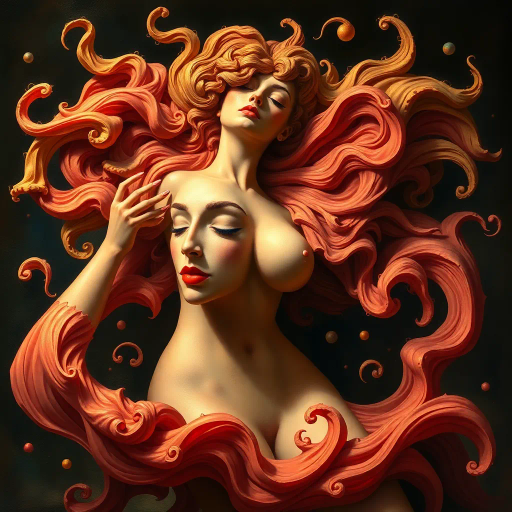 surrealism, Salvador Dalí, vibrant, exaggerated proportions, Baroque, dramatic lighting, delicate textures, organic forms, depth and perspective, evocative mood, fluid movement, soft curves, metaphorical symbolism, bold colors, intricate details, dynamic composition, female form, imaginative interpretation, artistic exploration, ethereal ambiance