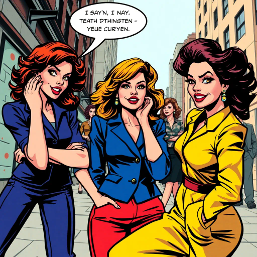 sassy women, dynamic poses, vibrant colors, bold lines, pop art influence, Roy Lichtenstein, expressive faces, modern fashion, urban setting, conversational dialogue, energetic movement, 1960s flair, graphic storytelling, exaggerated features, witty expressions, confident body language, playful mood, focused composition, contrast lighting, colorful costumes, cultural diversity, impactful scenes