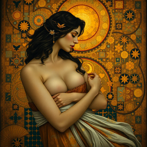 seductive elegance, ethereal allure, vivid passion, romantic symbolism, soft curves, glowing warmth, surreal intimacy, flowing garments, Baroque flair, chiaroscuro, gentle brushstrokes, rich textures, vibrant hues, mythical romance, evocative glance, candlelit setting, ornamental details, luxurious fabric, dreamlike atmosphere, sensual poise, enigmatic aura, fantasy realms, classical influences, timeless beauty, tender expression