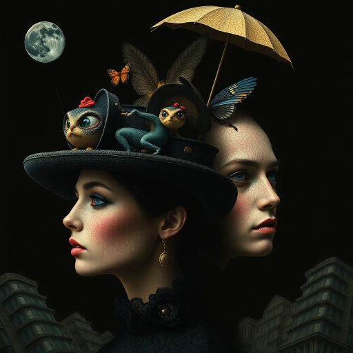 surreal exploration, iconic headwear, detailed textures, midnight tones, chiaroscuro lighting, inspired by René Magritte, post-modern influences, whimsical narrative, dream-like composition, collage elements, juxtaposition, ethereal atmosphere, vibrant color palette, abstract symbolism, timeless elegance, imaginative form, layered imagery, dramatic contrast, playful wit, cultural commentary