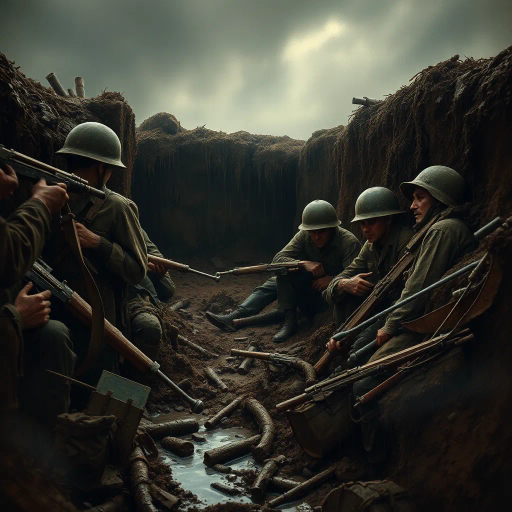 World War I soldiers, hiding, muddy shell hole, mud, trench warfare, dramatic lighting, somber mood, detailed textures, rain-soaked, earth tones, devastation, James McNeill Whistler influence, realism, historical accuracy, period uniforms, earth and grime, tension, fear, close-up perspective, battle scene, immersive atmosphere, Claude Monet's brushwork, contrasting shadows, dark clouds, gritty realism, survival, human struggle, war-torn landscape, muted colors, emotional depth, chiaroscuro, historical narrative, defined lines, Henri Rousseau's surrealism