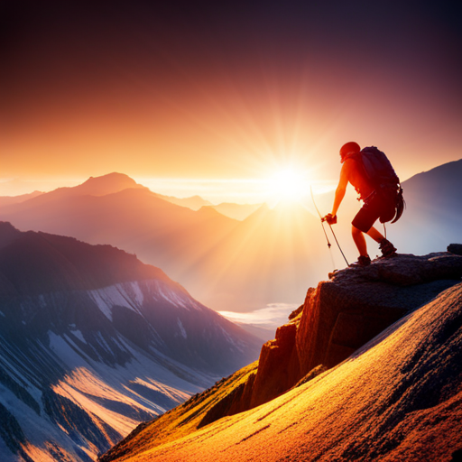 Solo adventurist climbs steep rocky terrain, exploring the natural diverse formations, from rocky cliffs to sharp crevices, capturing the daunting peaks illuminated by the sun's radiant and dramatic directional lighting, as they ascend towards the treacherous summit. 