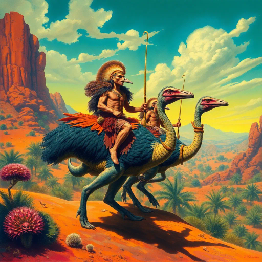 prehistoric warriors, clad in animal skins, riding dinosaur-like cassowaries, vibrant desert hues, oasis landscape, Jean Giraud, Salvador Dali, Maurice Sendak, Maxfield Parrish, surrealism, dynamic composition, dramatic lighting, vivid colors, epic scale, ancient mythology, whimsical creatures, imaginative narrative, vibrant flora, cinematic framing, mystical aura, expressive brushstrokes, lavish detailing, adventurous exploration, intense atmosphere, textured surfaces, prehistoric landscape, cultural symbolism, storytelling fantasy, primal energy, untamed wilderness, juxtaposition of nature and fantasy, time-travel themes, convergence of eras