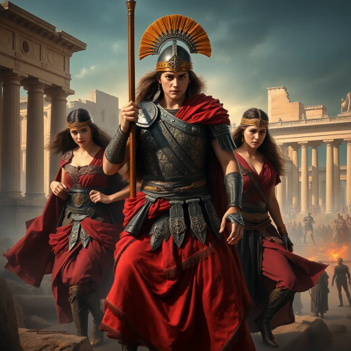 Visigothic warrior, Roman girls, Sack of Rome 410CE, Alaric I, historical fantasy, dramatic lighting, ancient ruins, Roman architecture, tension, contrast, battle aftermath, intricate armor, flowing robes, realism, mythological echoes, dynamic poses, epic storytelling, classical influence, historical accuracy, vibrant colors, cultural clash, emotive expressions, strategic composition, dynamic movement, atmospheric depth, historical narrative, powerful symbolism, historical reimagining, vivid detail, artistic intent, romanticized past, ethereal ambiance, tapestry of cultures, Baroque influence, chiaroscuro, heroic scale, narrative complexity