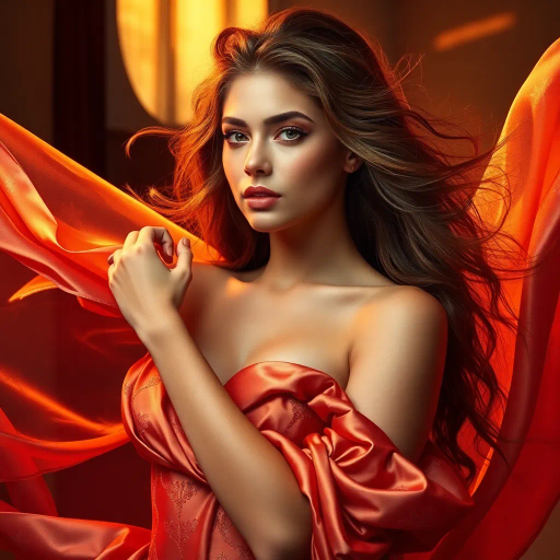 vibrant youth, alluring curves, radiant beauty, opulence, ethereal glow, contemporary allure, delicate elegance, Renaissance influence, chiaroscuro contrast, warm sunset hues, feminine grace, luxurious silk texture, enchanting gaze, sensuality, bold composition, sensual movement, modern aesthetic, beauty idealism, dynamic poses, Baroque opulence, mystical charm, captivating presence, intimate portrait, high detail, artistic celebration, confident expression, intricate detail, vibrant saturation, emotive lighting, harmonious balance, soft pastels, sculptural forms, fluid motion, ethereal allure, luminescent quality, refined craftsmanship, classical inspiration