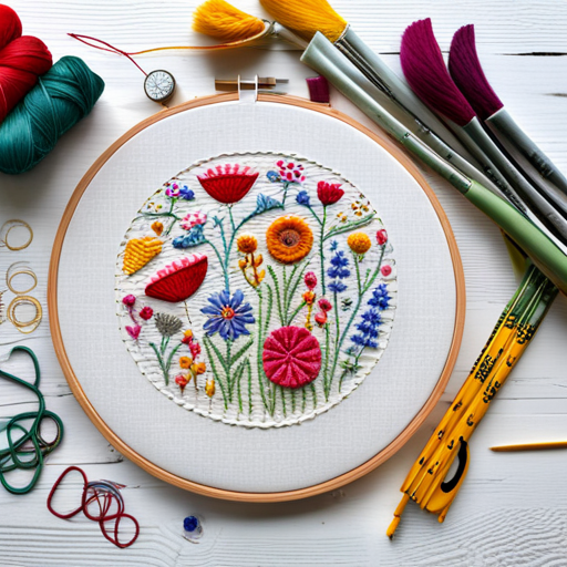 embroidery, pattern, wildflower meadow, vibrant colors, intricate details, hand-stitched, floral motifs, texture, needlework, spring blooms, nature-inspired, delicate, thread, stitching techniques, botanical art, meadow grass, artistic interpretation, traditional craft, embroidery hoop, lush foliage, wildflowers, organic shapes, fine craftsmanship, needlework techniques, textile art, digital interpretation, digital techniques