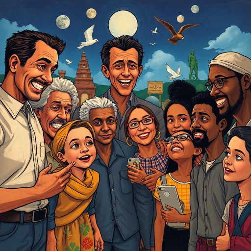 diverse society, cultural tapestry, inclusivity, Norman Rockwell inspiration, pop art, vibrant colors, dynamic storytelling, community interactions, human connections, exaggerated expressions, educational themes, social awareness, narrative depth, illustrative style, detailed line work, symbolic representation, diverse landscapes, time progression, socio-political commentary, engaging atmosphere, visual dialogue, layered storytelling, rich textures, textural detail, thought-provoking, contemporary relevance, modern to ancient, narrative complexity, historical depth, symbolic art, storytelling layers, vivid environments, social critique, emotional expression, vibrant community representation