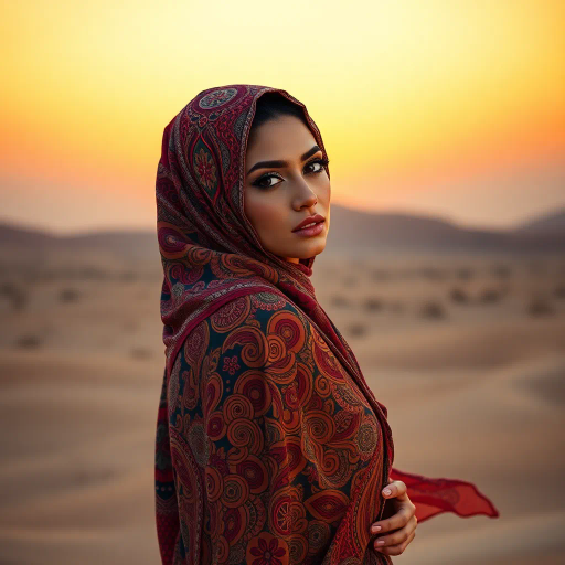 alluring Arab beauty, elegant poise, high heels, Henri Matisse and Yves Saint Laurent inspirations, modern elegance, desert oasis and professional setting, golden hour and chiaroscuro lighting, vibrant warm tones, luxurious textures, intricate and traditional Middle Eastern patterns, exotic allure, cultural richness, flowing lines, sensual movement, feminine power, refined and timeless grace, harmonious romantic ambiance, visual poetry, captivating and seductive composition, ethereal mood, desert mirage, artistic flair, expressive body language, sophisticated minimalism, textural contrast, dynamic perspective, poised demeanor, artistic serenity, contemporary realism, nuanced textures, stylish composition