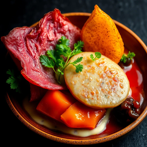 hyper-realistic, culinary artistry, still life, vibrant colors, succulent textures, food photography, gourmet presentation, chiaroscuro lighting, rich detail, natural composition, culinary textures, food stylization, glossy surfaces, nuanced hues, modern aesthetic, exquisite plating, artisanal craftsmanship, gourmet indulgence, food as art, visual feast, sumptuous presentation, high contrast, appetizing visual, culinary elegance