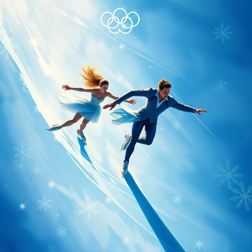 winter landscape, graceful skater, Olympic competition, dynamic motion, surreal elegance, glistening ice, dramatic lighting, vibrant colors, fluid movement, delicate balance, modern artistry, celebratory atmosphere, sportsmanship, international influence, precise technique, Alexander Calder inspiration, futuristic design, cold palette, geometric patterns, sweeping lines, epic scale, abstract realism, vivid textures, harmonious composition