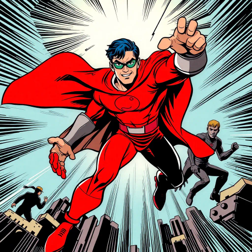 dynamic superhero, comic panels, bold lines, dramatic shadows, vibrant colors, 1960s retro, pop art influences, exaggerated expressions, movement lines, classic heroes, action-packed, larger-than-life, hero's journey, adventurous spirit, epic scale, iconic poses, graphic novel, vintage comic aesthetics, sequential storytelling, humorous undertones