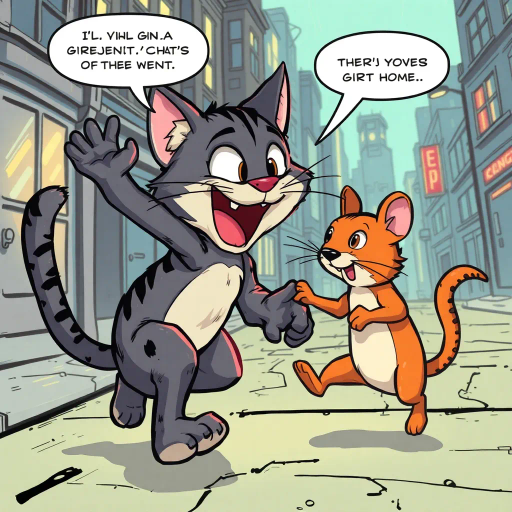 dynamic narrative, feline protagonist, rodent sidekick, playful encounter, vibrant illustration, whimsical tones, storytelling, energetic movement, vivid color palette, illustrative textures, humorous plot, character interaction, urban environment, dramatic lighting, cartoon style, comic strip influence, exaggerated expressions, visual humor, action scenes, detailed line work, creative framing