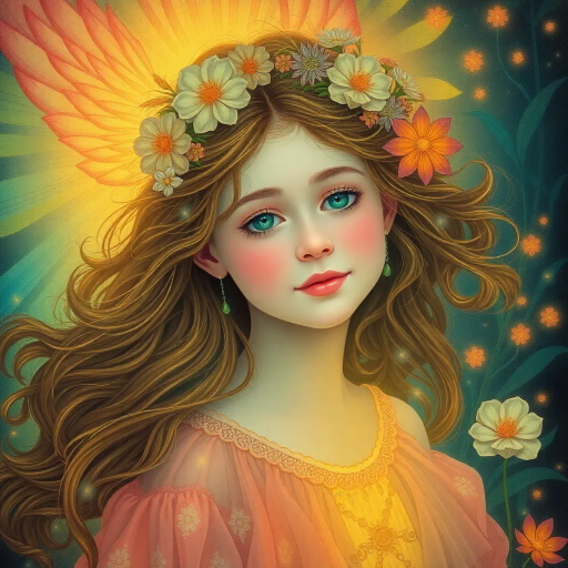 ethereal maiden, surreal ambiance, ethereal glow, delicate features, romanticism, art nouveau, vibrant pastels, luminescent lighting, whimsical dreamscape, serene expression, flowing gown, intricate lace patterns, Gabriel Rossetti, lush landscapes, transcendental aura, harmonious composition, enchanted forest, soft brushstrokes, timeless elegance, ethereal presence