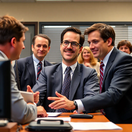 the office, tv show, michael scott, humorous portrayal, sitcom realism, dynamic composition, vibrant palette, comedic expression, Steve Carell inspiration, 2000s pop culture, office environment, improvisational style, satirical tone, character-driven, workplace satire, American television, suburban setting, pastel hues, iconic expressions, ensemble cast, narrative storytelling, modern workplace, emotional undertones, cultural critique, social interactions, signature look, visual humor, situational comedy, expressive gestures, office attire