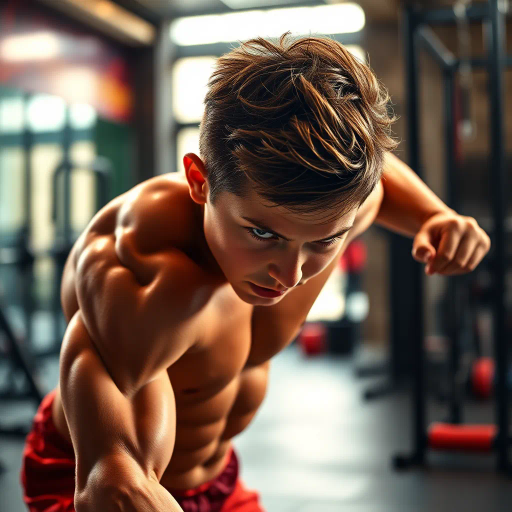 young boy, intense workout, dynamic movement, vibrant colors, gym environment, modern fitness, energetic aura, strength training, vivid lighting, metaphorical muscle growth, reflection of determination, urban backdrop, motivational tone, hyper-realistic textures, inspired by Michelangelo, contemporary athleticism, focus and resilience, dramatic composition, emphasis on motion, sweat and grit, powerful physique, inner strength, determination in eyes, digital brushstrokes