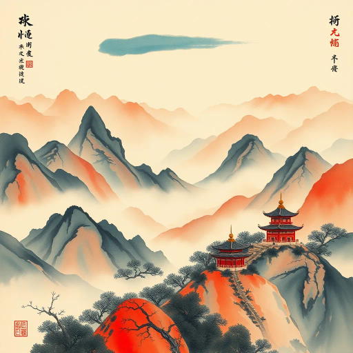 ethereal, ancient Chinese mythology, vibrant dragon scales, misty mountains, traditional ink wash, luminous lanterns, serene pagodas, delicate cherry blossoms, peaceful harmony, guardian spirits, flowing robes, folklore magic, jade hues, celestial beings, mesmerizing aura, celestial harmony, intricate symbolism, legendary heroes, mythical landscapes, harmonious balance