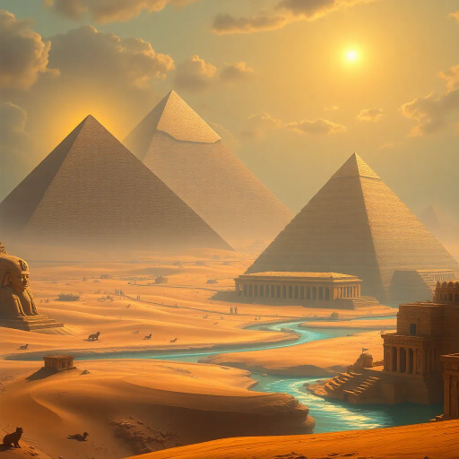 ancient Egypt, pharaoh, mystical, desert landscape, golden sands, pyramids in distance, hieroglyphics, intricate detail, vibrant hues, rich color palette, surreal lighting, magic, sphinx, sun-kissed stone, timeless, divine symbolism, echoes of history, mystical atmosphere, intricate patterns, divine geometry, cultural heritage, mythological essence, spiritual aura, timeless architecture, ancient civilization, ceremonial, ethereal glow, divine presence, artistic grandeur, desert mystique, historical reverence, legendary tales