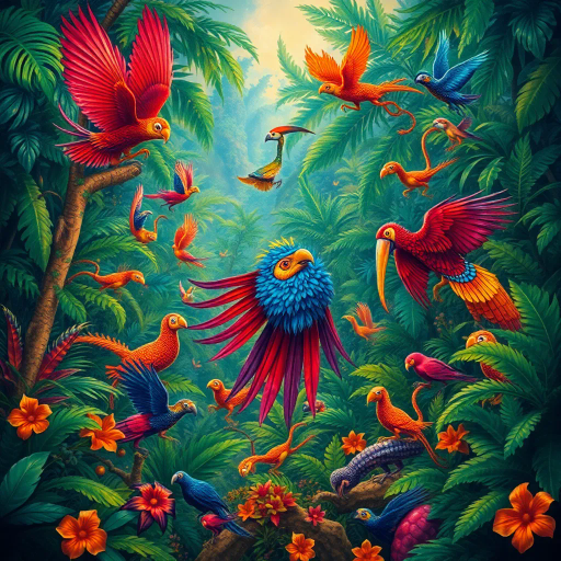 vibrant rainforest, carnival energy, tropical palette, intricate textures, Gustavo Rosa, surrealism, expressive forms, dynamic movement, colorful feathers, mystical beings, atmospheric perspective, lush foliage, samba rhythms, cultural tapestry, radiant lighting, whimsical creatures, vibrant celebrations, exotic wildlife, lively atmosphere, magical realism, imaginative scenery, rhythmic patterns, bold silhouettes